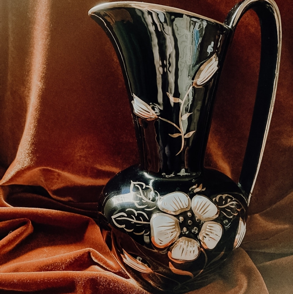 •SOLD• Gorgeou vintage black floral Kobalt pitcher